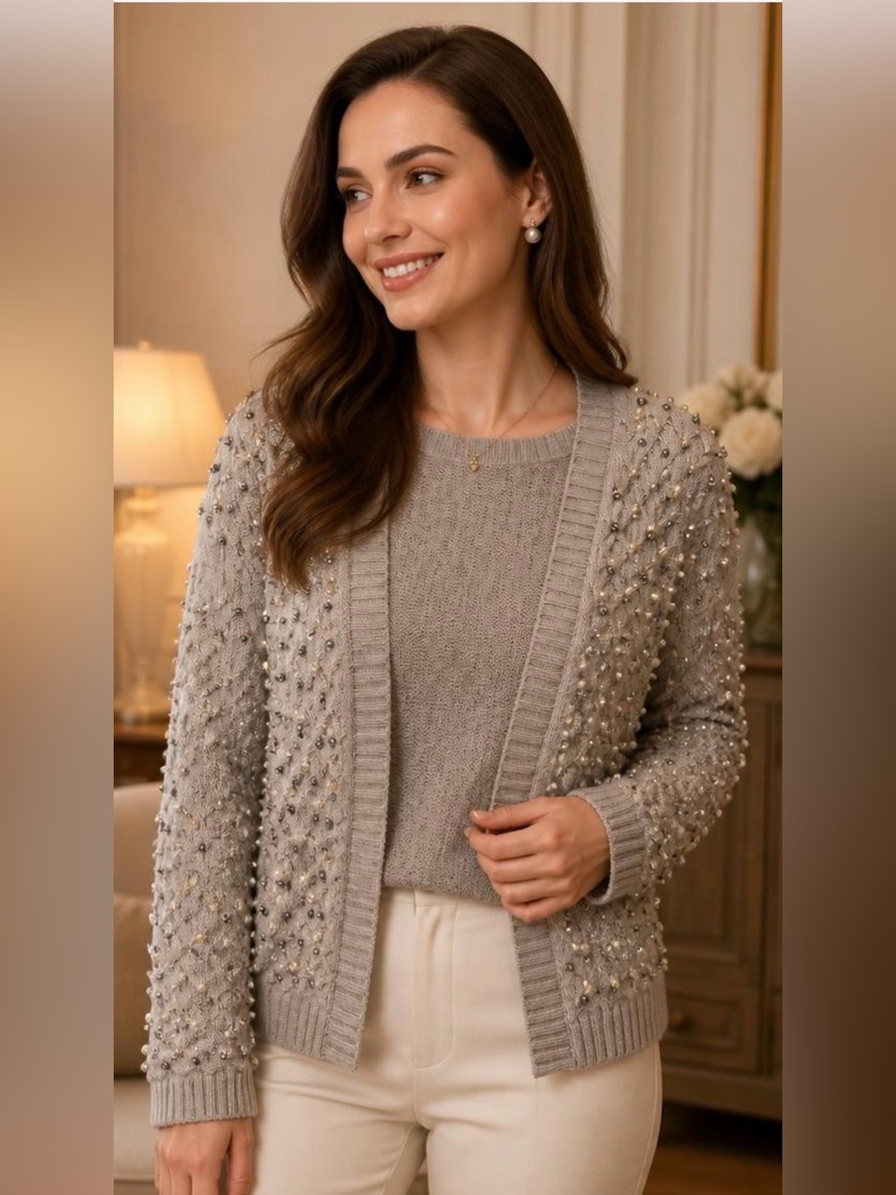 Zara Pearl-Embellished Knit Cardigan - Light Mauve sizeS